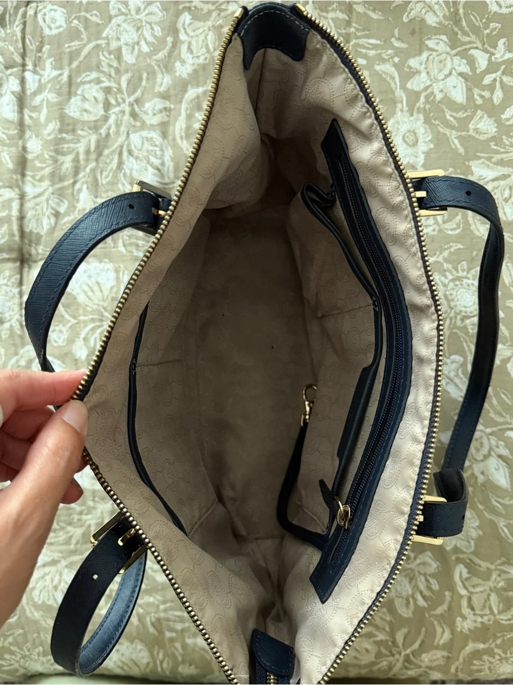Michael Kors Dark Blue Leather Tote with Gold Accent Charm